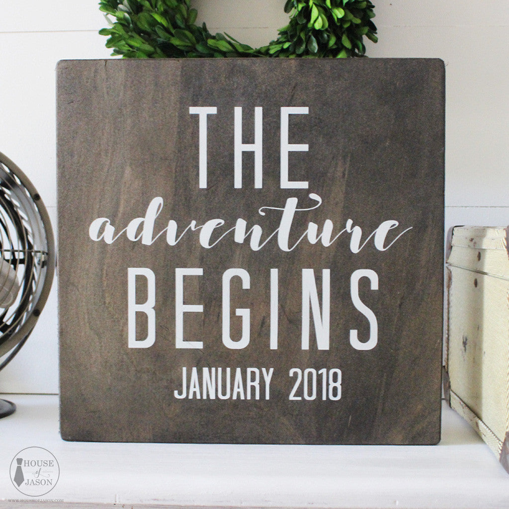 Personalized Wedding Decor, The Adventure Begins, Rustic, Hand Painted Wooden Sign | 12 x 12