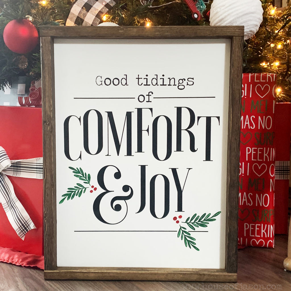 Good tidings of comfort and joy sign, wooden sign, house of Jason, hand painted signs, Christmas decor, Christmas signs, holly, farmhouse Christmas signs, woodwork