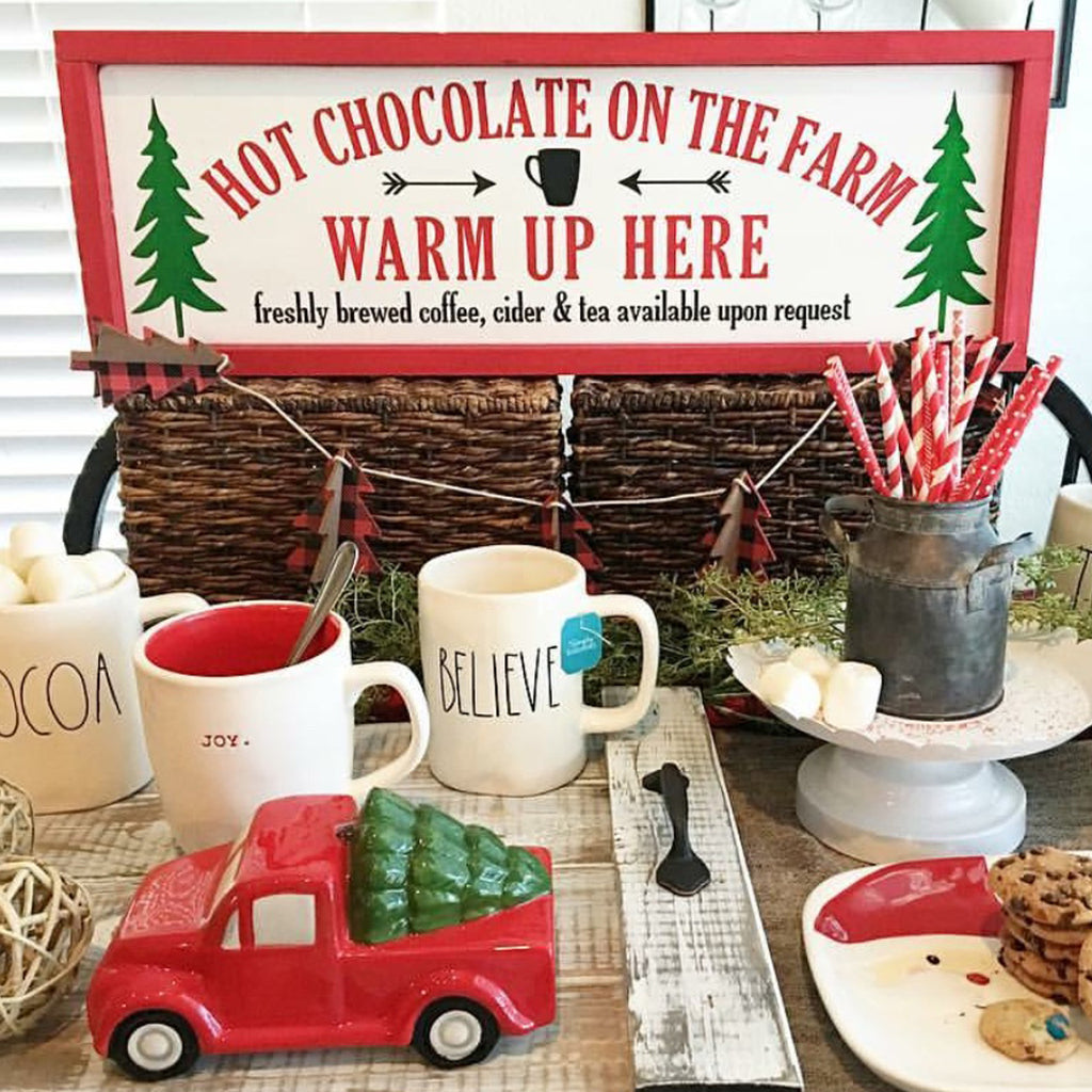 Hot Chocolate on the Farm, Christmas, Farmhouse Style, Hand Painted Wooden Sign | 9 x 24
