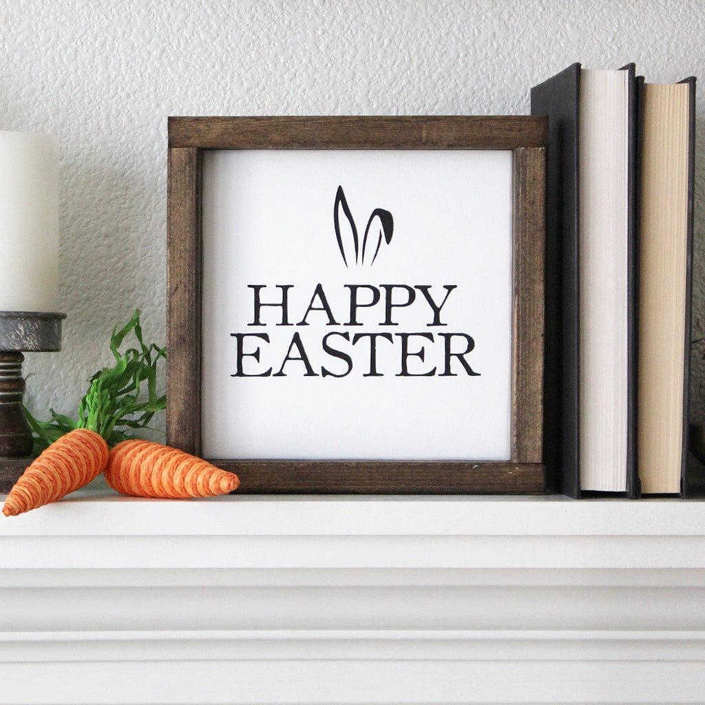 Happy Easter, Black and White Wooden Sign | 8 x 8