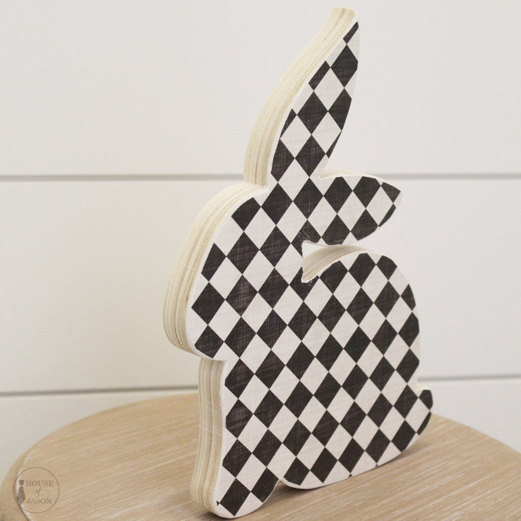 Black and White Checkered, Shelf Sitting Wooden Bunny