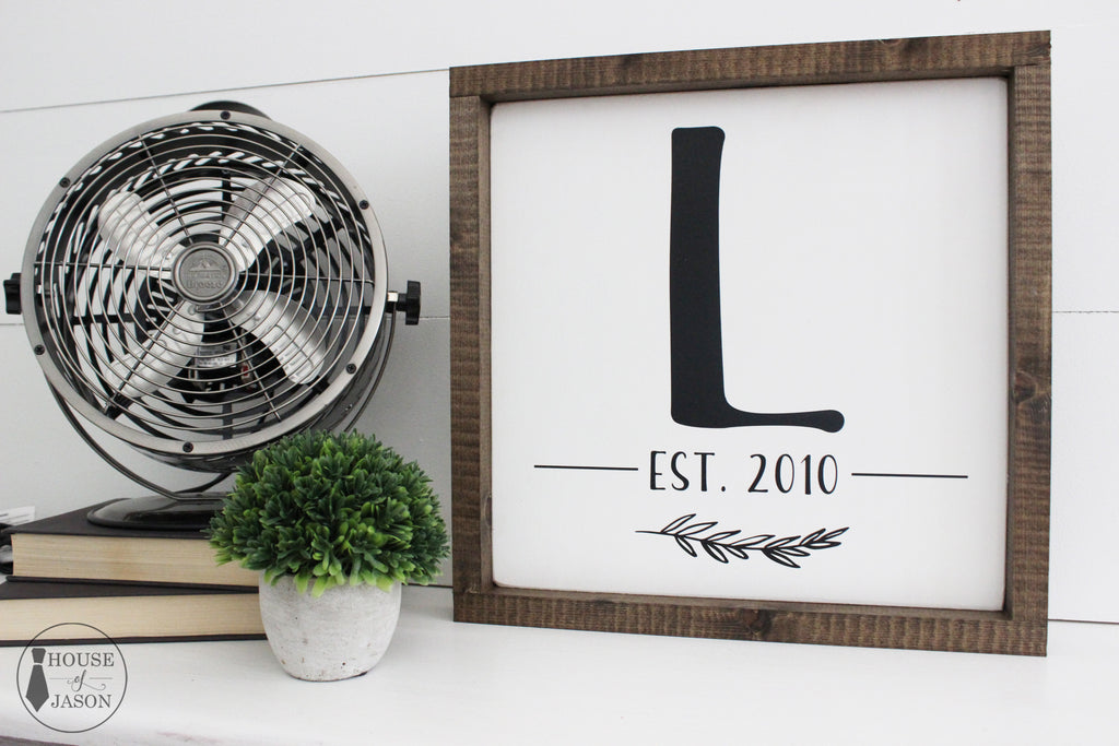 Personalized Initial + Est. Year Wooden Sign (white with black) | 12 x 12