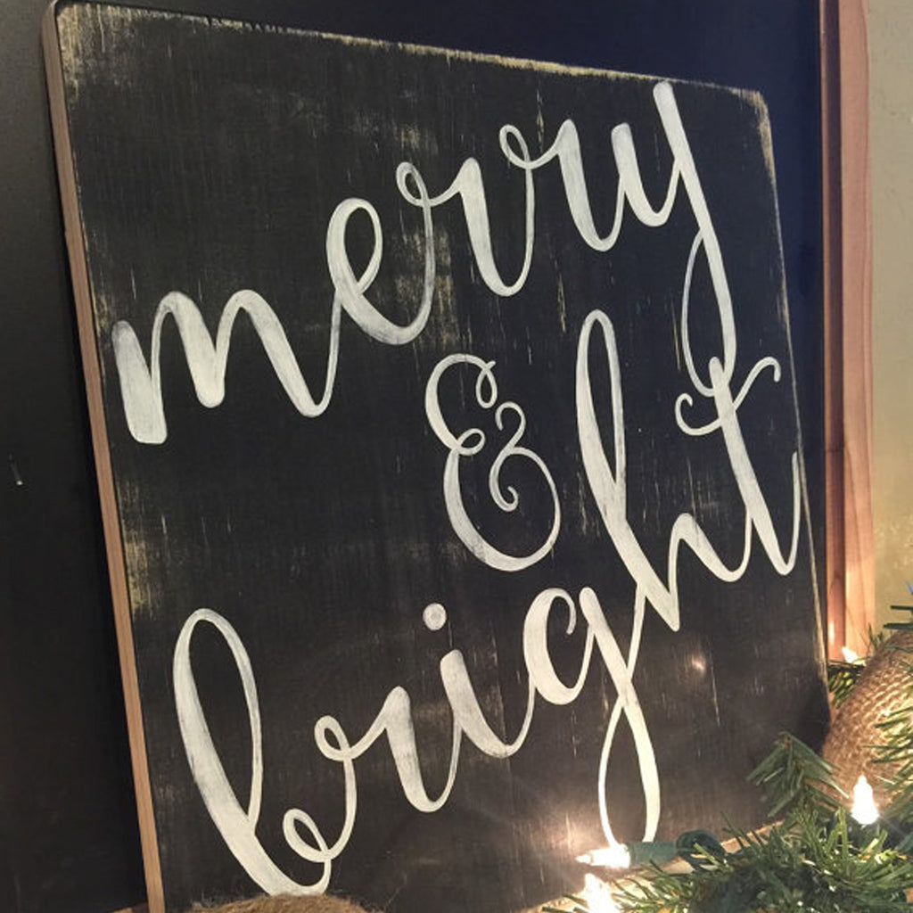 Merry & Bright, Christmas Decor, Hand Painted Wooden Sign | 12 x 12