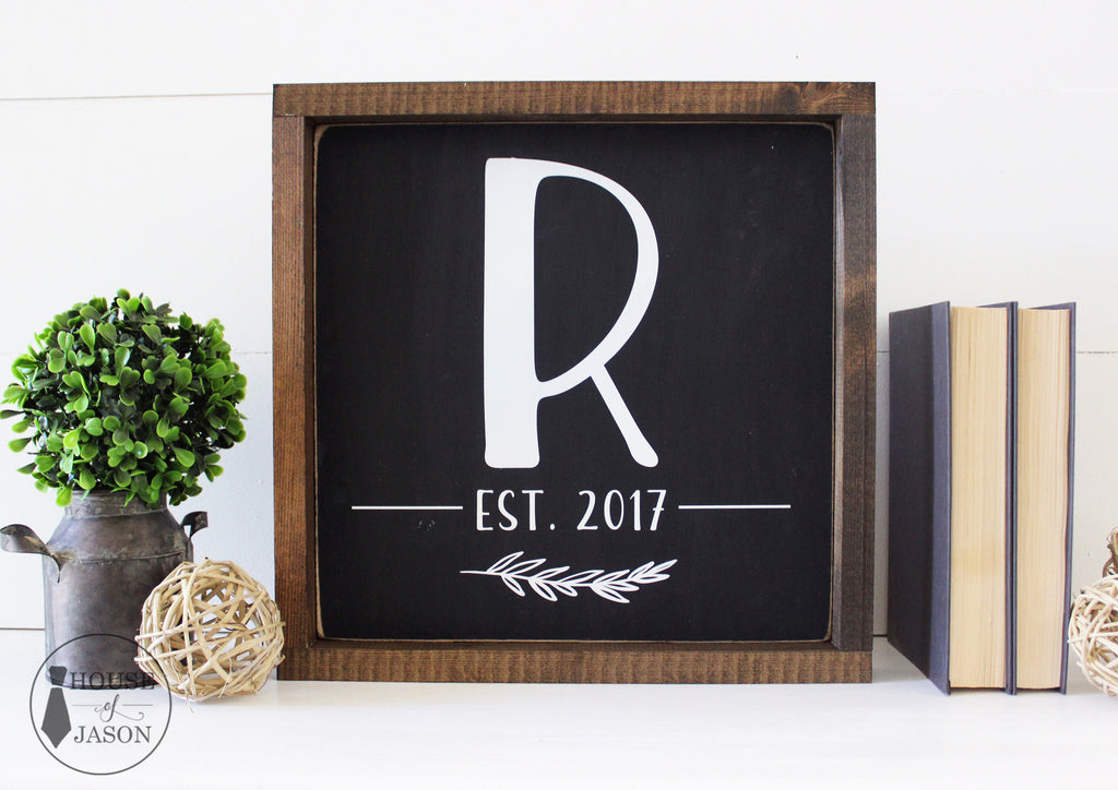 Personalized Initial + Est. Year Wooden Sign (black with white) | 12 x 12