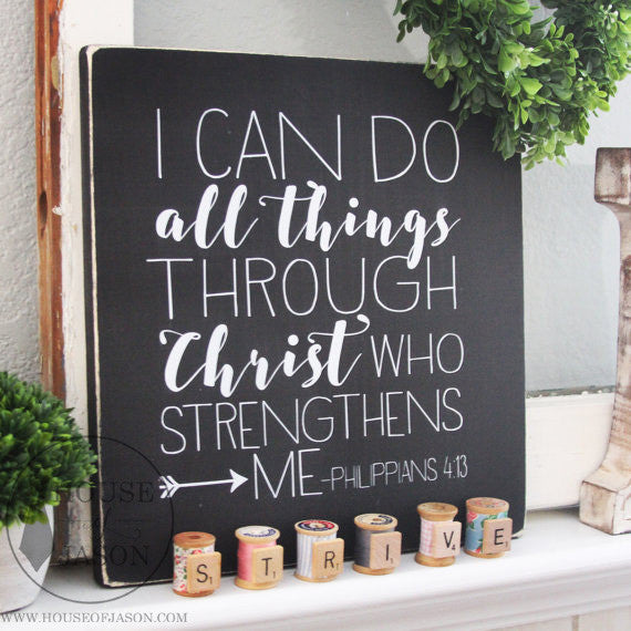 Philippians 4:13 Black and White Wooden Sign | 12 x 12
