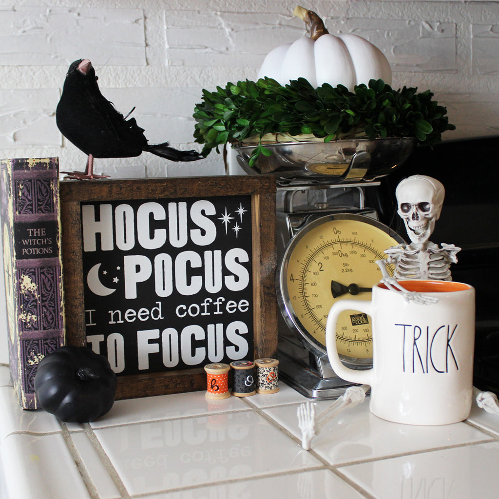 Hocus Pocus I Need Coffee to Focus, Hand Painted Wooden Sign | 8 x 8