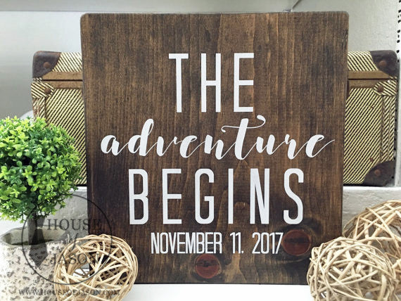 Personalized Wedding Decor, The Adventure Begins, Rustic, Hand Painted Wooden Sign | 12 x 12