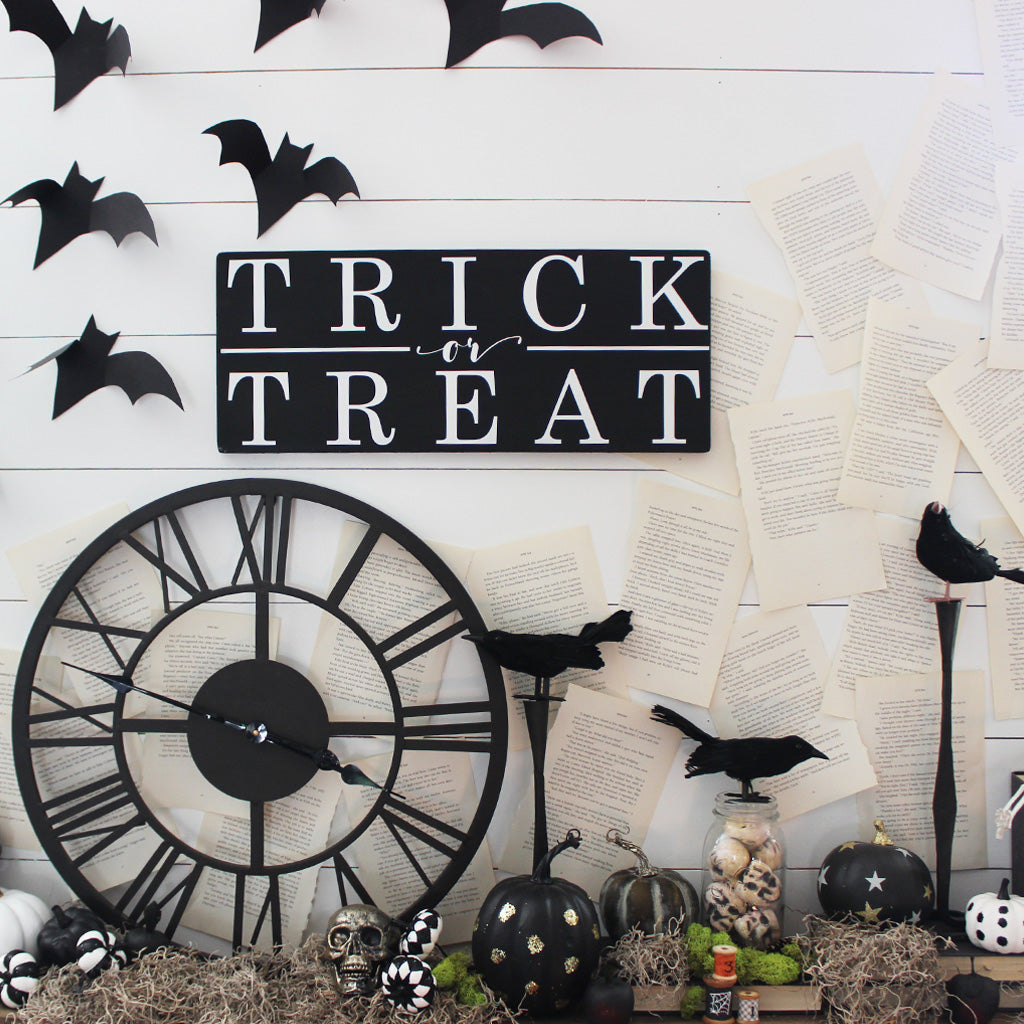 Halloween Decor, Trick or Treat, Black and White, Hand Painted Wooden Sign | 9 x 22