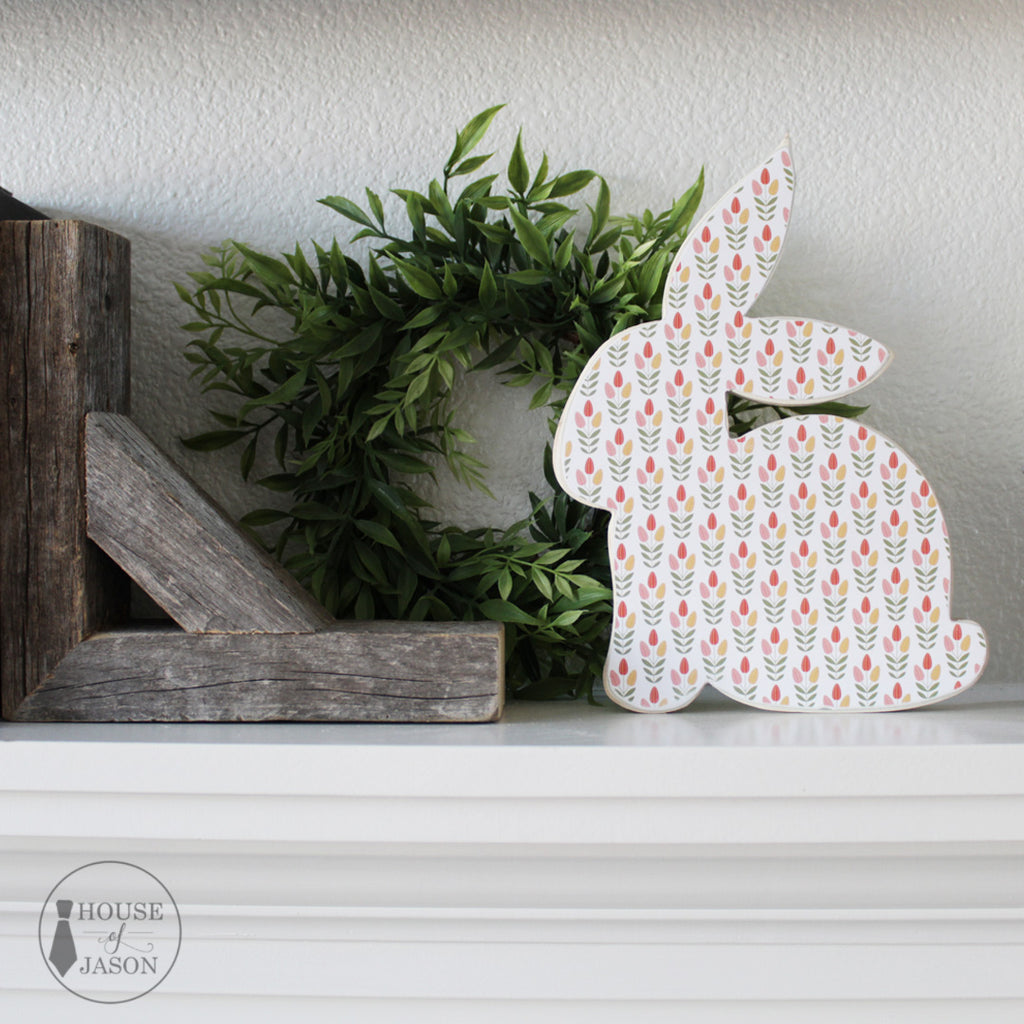 Tulip Print, Shelf Sitter, Wooden Bunny