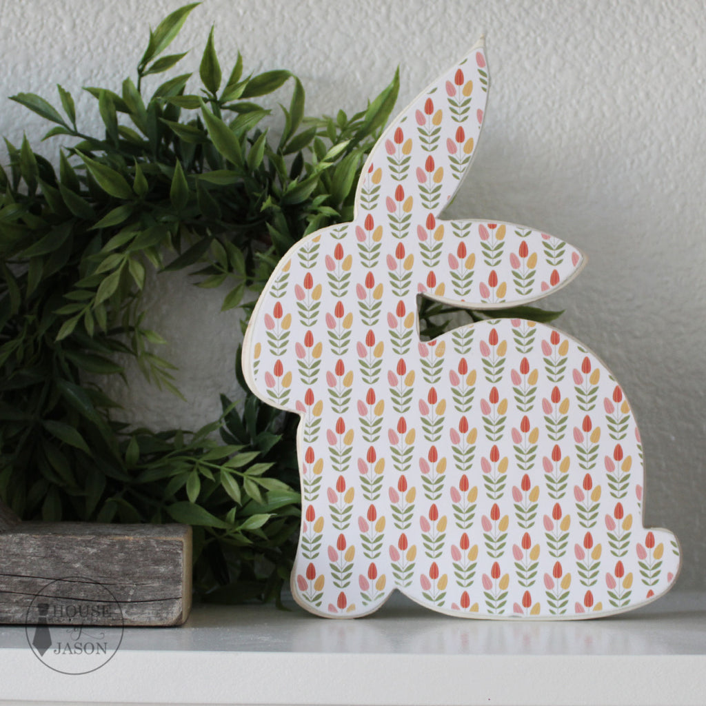 Tulip Print, Shelf Sitter, Wooden Bunny