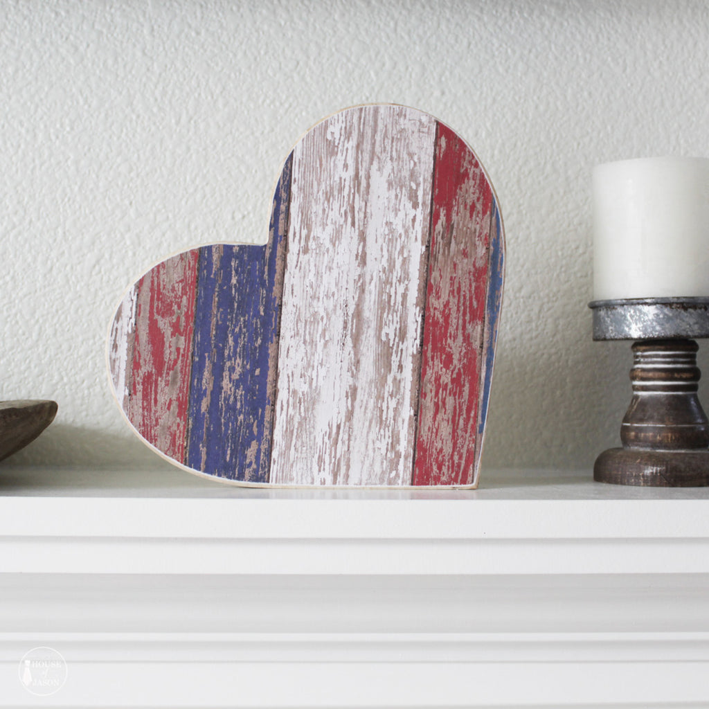 Red, White and Blue Distressed Shelf Sitter, Wooden Heart | 9"