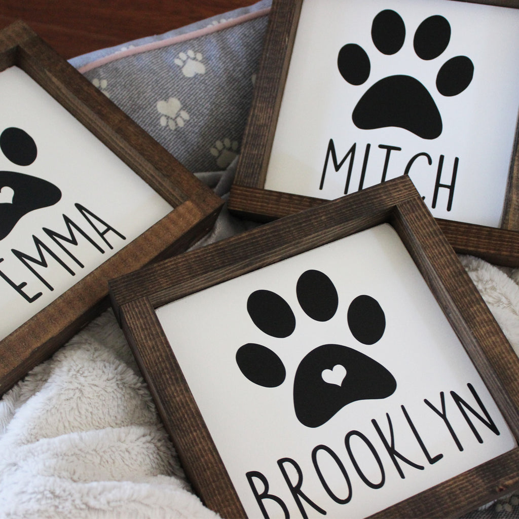 Custom Dog Name, Paw Print, Hand Painted Wooden Sign | 8 x 8