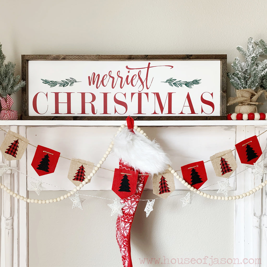 Merriest Christmas, Hand Painted, Green and Red Christmas Wooden Sign