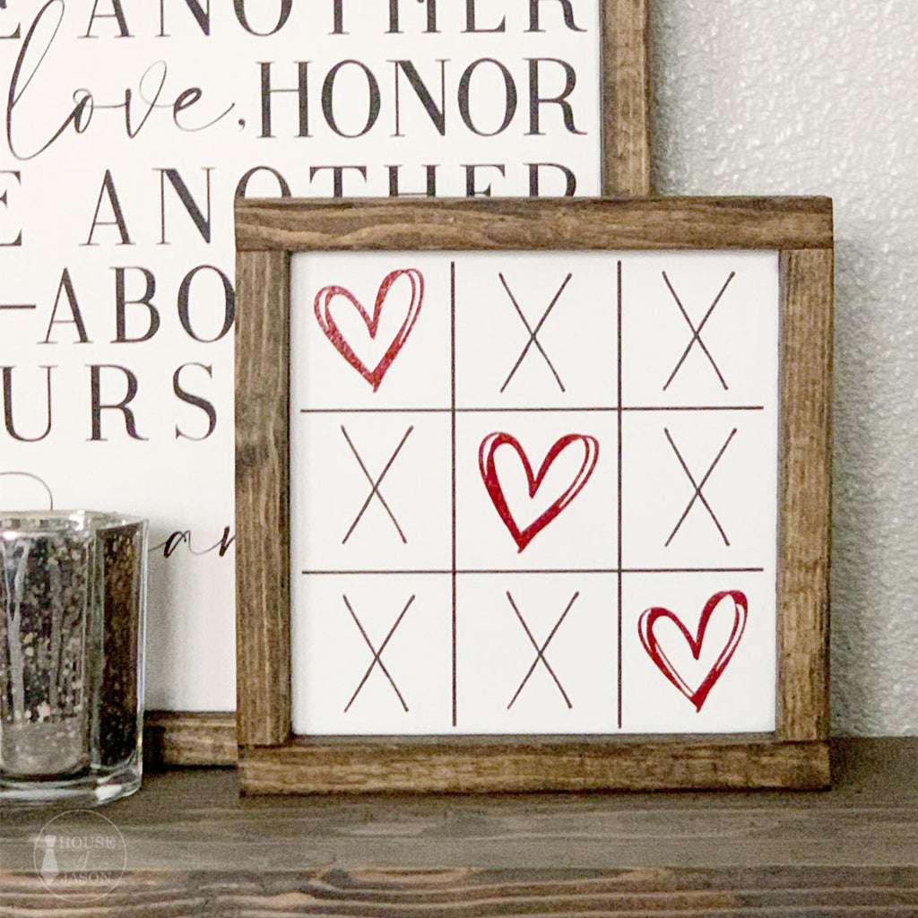 Tic-Tac-Toe X's + Hearts Wooden Sign | 8 x 8